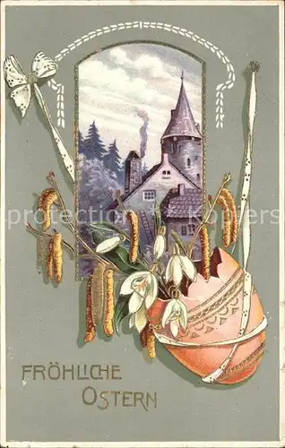 Ostern Easter Paques Osterei Schneegloeckchen Weidenkaetzchen Litho / Greetings /