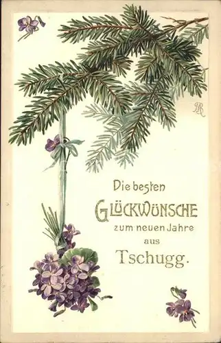 Neujahr Glueckwunsch Tschugg Veilchen Litho Kat. Greetings