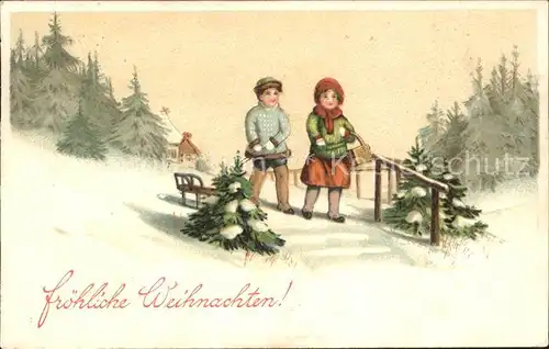 Schlitten Schnee Kinder Wintermode Weihnachten Litho Kat. Sport