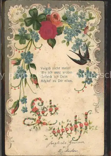 Rosen Kleeblatt Vergissmeinnicht Schwalbe Brief Gedicht Litho Kat. Pflanzen
