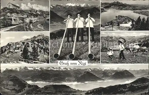 Alphorn Alphornblaeser Rigi Zahnradbahn Kuehe  Kat. Musik