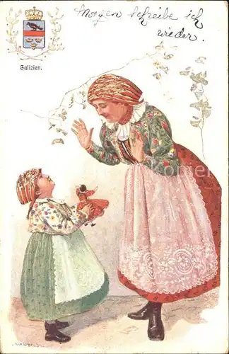 Trachten Galizien Frau Kind Kuenstlerkarte Wappen Krone