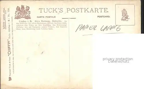 Verlag Tucks Oilette Nr. 736 Lindau im Bodensee Altes Rathaus Suedseite  Kat. Verlage