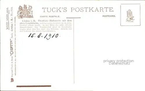 Verlag Tucks Oilette Nr. 736 Lindau im Bodensee Hafen Leuchtturm Dampfer Kat. Verlage