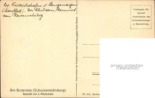 Kuenstlerkarte J. Marschall Am Bodensee Schussenmuendunf Nr. 612 Kat. Kuenstlerkarte