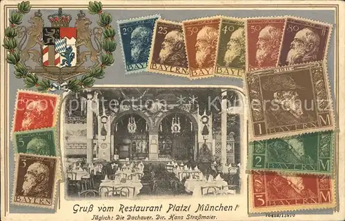 Briefmarke auf Ak Bayern Restaurant Platzl Muenchen Wappen  / Besonderheiten /