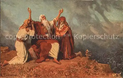 Leinweber R. Die heilige Schrift Bild X Moses Amalekiter Gebet Sieg Israel Kat. Kuenstlerkarte