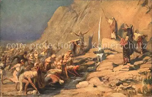Leinweber R. Die heilige Schrift Bild IX Moses Wasser Felsen Kat. Kuenstlerkarte