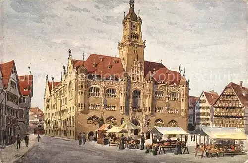 Kuenstlerkarte Josef Marschall Stuttgart Marktplatz Rathaus  Kat. Kuenstlerkarte