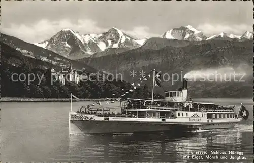 Dampfer Seitenrad Bluemlisalp Thunersee Schloss Huenegg Eiger Moench Jungfrau Kat. Schiffe