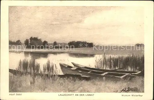 Kuenstlerkarte Adolf Staebli Landschaft an der Limmat  Kat. Kuenstlerkarte