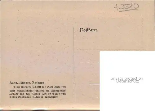 Kuenstlerkarte Karl Schlotter Holzschnitt Hannoversch Muenden Rathaus Kat. Kuenstlerkarte