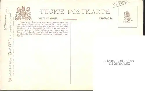 Verlag Tucks Oilette Nr. 609 B Hamburg Rathaus F. v. Kamptz  Kat. Verlage