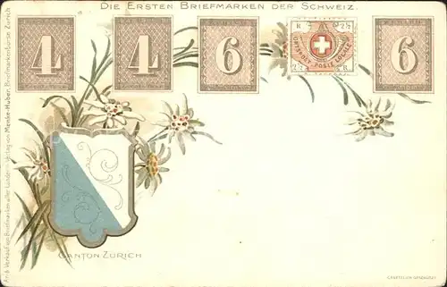 Briefmarke auf Ak Ersten Briefmarken Schweiz Wappen Edelweiss  Kat. Besonderheiten