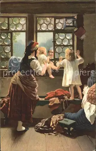 Kuenstlerkarte Eduard Meyerheim Morgenstunde Tracht Kinder Fenster Kat. Kuenstlerkarte