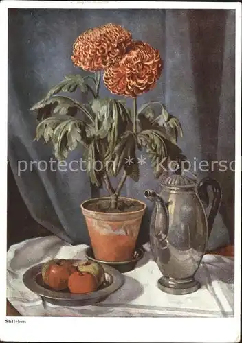 Kuenstlerkarte Prof. W. Straeter Stillleben Nr. 105 Blumen aepfel Teekanne Kat. Kuenstlerkarte