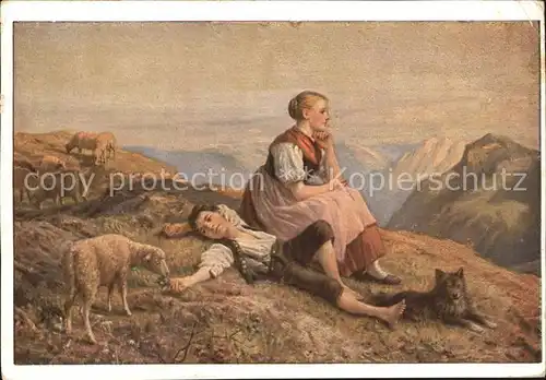 Schafe Hund Alpen Kinder Richard Keutel Nr. 260 Kat. Tiere
