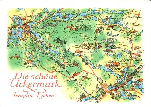Landkarte auf Ak Uckermark Templin Lychen Zeichnung A. Hoppe Kat. Besonderheiten