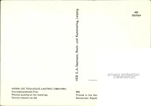 Erotik Strumpfanziehende Frau Kuenstlerkarte Henri de Toulouse Lautrec Kat. Schoene Kuenste