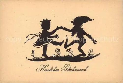 Zwerge Tanz Kind Glueckwunsch Schattenbildkarte Kat. Maerchen und Sagen