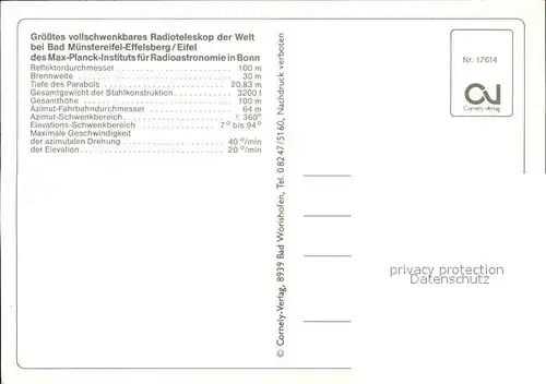 Astronomie Radioteleskop Bad Muenstereifel Effelsberg Steuerraum Koenigzapfenraum Azimutantrieb Kat. Wissenschaft Science