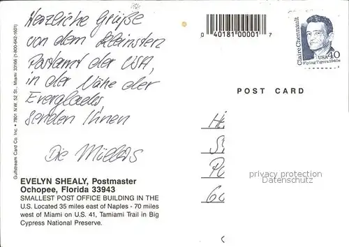 Post Post Office Ochopee Florida  Kat. Berufe