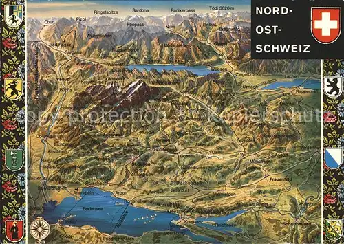Regionales Nordostschweiz Panoramakarte mit Bodensee Kat. Regionales