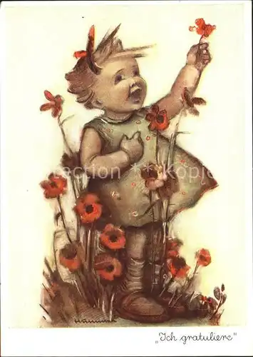Hummel Nr. 5010 Kind Glueckwunsch Blumen  Kat. Kuenstlerkarte
