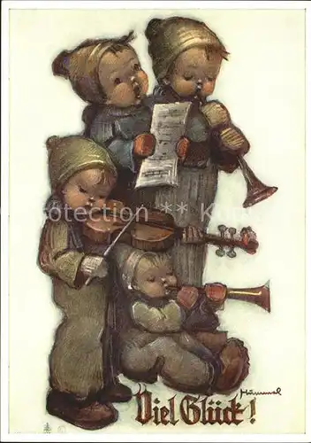 Hummel Nr. 5612 Viel Glueck Kinder Musikanten Geige Trompete Gesang Kat. Kuenstlerkarte