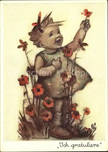 Hummel Nr. 5010 Gratulantin Kind Blumen  Kat. Kuenstlerkarte