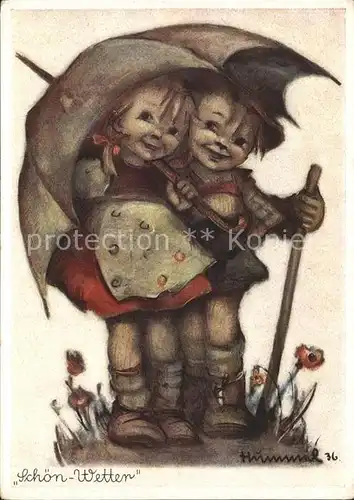 Hummel Nr. 5008 Kinder Regenschirm Kat. Kuenstlerkarte