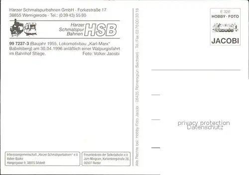 Lokomotive 99 7237 3 Harzer Schmalspurbahn Walpurgisfahrt Bahnhof Stiege Kat. Eisenbahn
