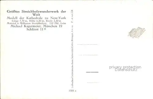 Kuriosum Modell Kathedrale New York Streichholz  Kat. Unterhaltung