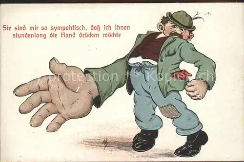 Kuenstlerkarte Willi Scheuermann Mann mit Riesenhand  Kat. Kuenstlerkarte