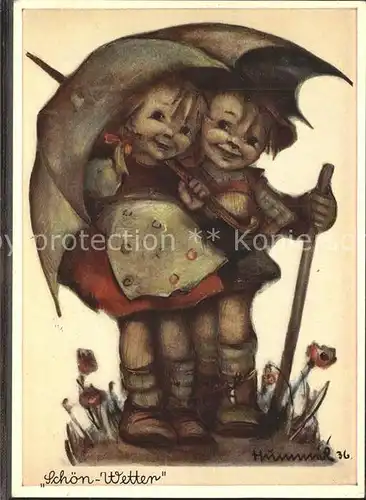 Hummel Nr. 5008 Schoen Wetter Kinder Regenschirm Kat. Kuenstlerkarte