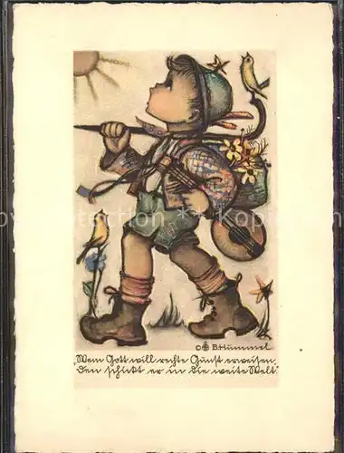 Hummel Nr. 4512 Wanderer Mandoline Voegel Kat. Kuenstlerkarte
