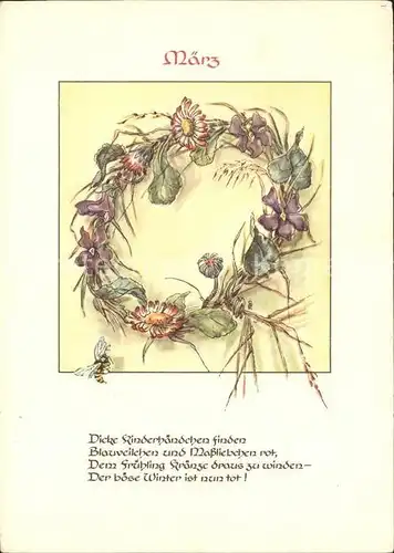 Monatskarte Maerz Blauveilchen Massliebchen Biene Gedicht  Kat. Besonderheiten