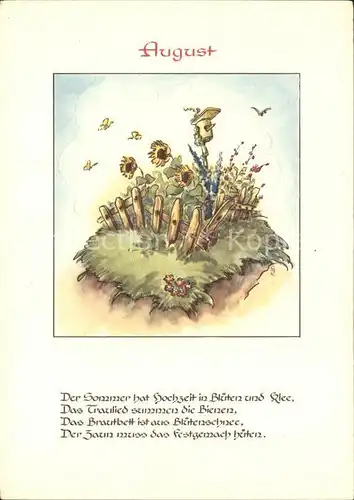 Monatskarte August Schmetterlinge Sonnenblumen Gedicht  Kat. Besonderheiten