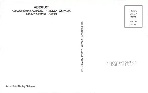 Flugzeuge Zivil Aeroflot Airbus Industrie A310 308 F 0GQQ MSN 592 Kat. Airplanes Avions