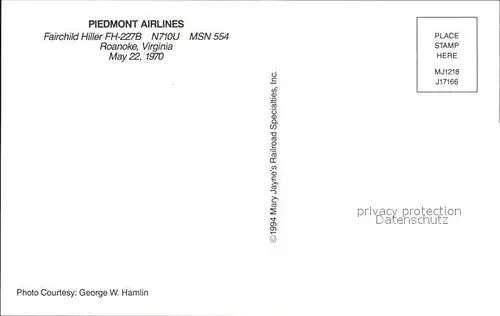 Flugzeuge Zivil Piedmont Airlines Fairchild Hiller FH 227B N710U MSN 554 Kat. Airplanes Avions