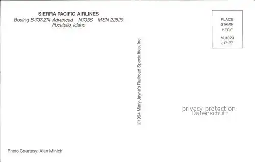 Flugzeuge Zivil Sierra Pacific Airlines Boeing B 737 2T4 Advanced N703S MSN 22529 Kat. Airplanes Avions