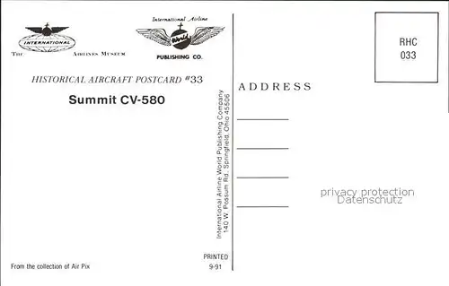 Flugzeuge Zivil Summit CV 580 Kat. Airplanes Avions
