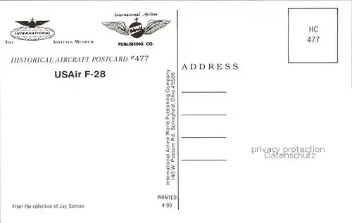 Flugzeuge Zivil USAir F 28 N453US Kat. Airplanes Avions