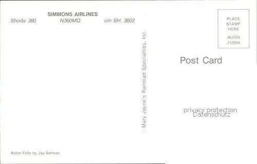 Flugzeuge Zivil Simmons Airlines Shorts 360 N360MQ c n SH 3602 Kat. Airplanes Avions