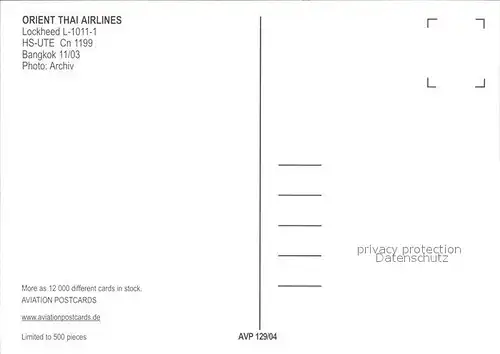 Flugzeuge Zivil Orient Thai Airlines Lockheed L 1011 1 HS UTE Cn 1199 Kat. Airplanes Avions