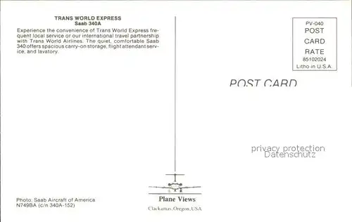 Flugzeuge Zivil Trans World Express Saab 340A Kat. Airplanes Avions