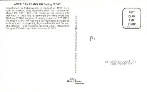 Flugzeuge Zivil American Trans Air Boeing 727 22 Kat. Airplanes Avions