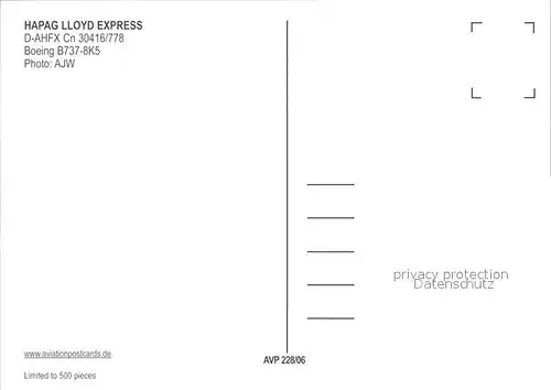 Flugzeuge Zivil Hapag Lloyd Express D AHFX Boeing 737 8K5  Kat. Airplanes Avions