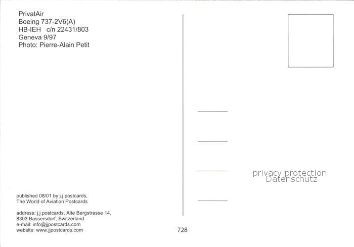 Flugzeuge Zivil Privatair Boeing 737 2v6 Hb Ieh C N 803 Kat Airplanes Avions Nr Kg Oldthing Ansichtskarten Verkehr Flugzeuge Ball