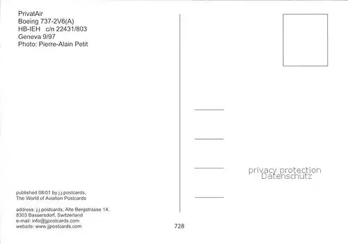 Flugzeuge Zivil PrivatAir Boeing 737 2V6 HB IEH c n 22431 803 Kat. Airplanes Avions